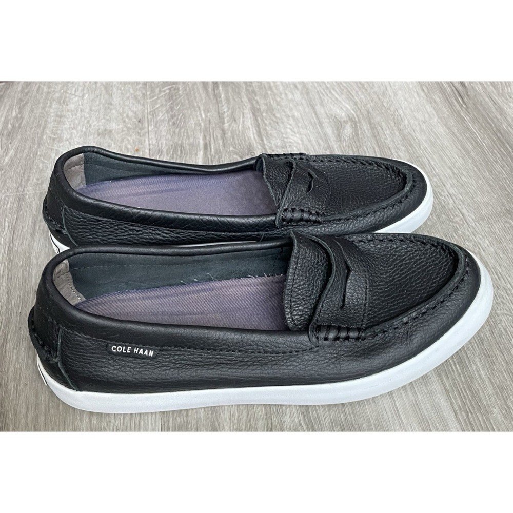 Cole Haan Black Leather Slip-On Penny Loafers with White Sole
